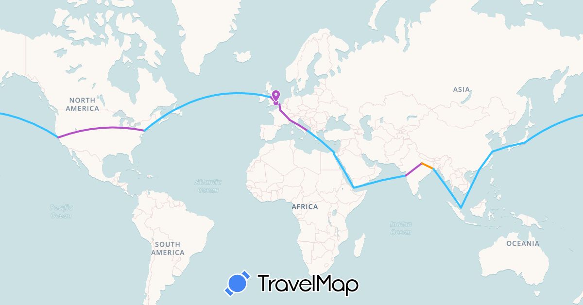 TravelMap itinerary: driving, train, boat, hitchhiking in China, Egypt, France, United Kingdom, Hong Kong, India, Italy, Japan, Singapore, United States, Yemen (Africa, Asia, Europe, North America)